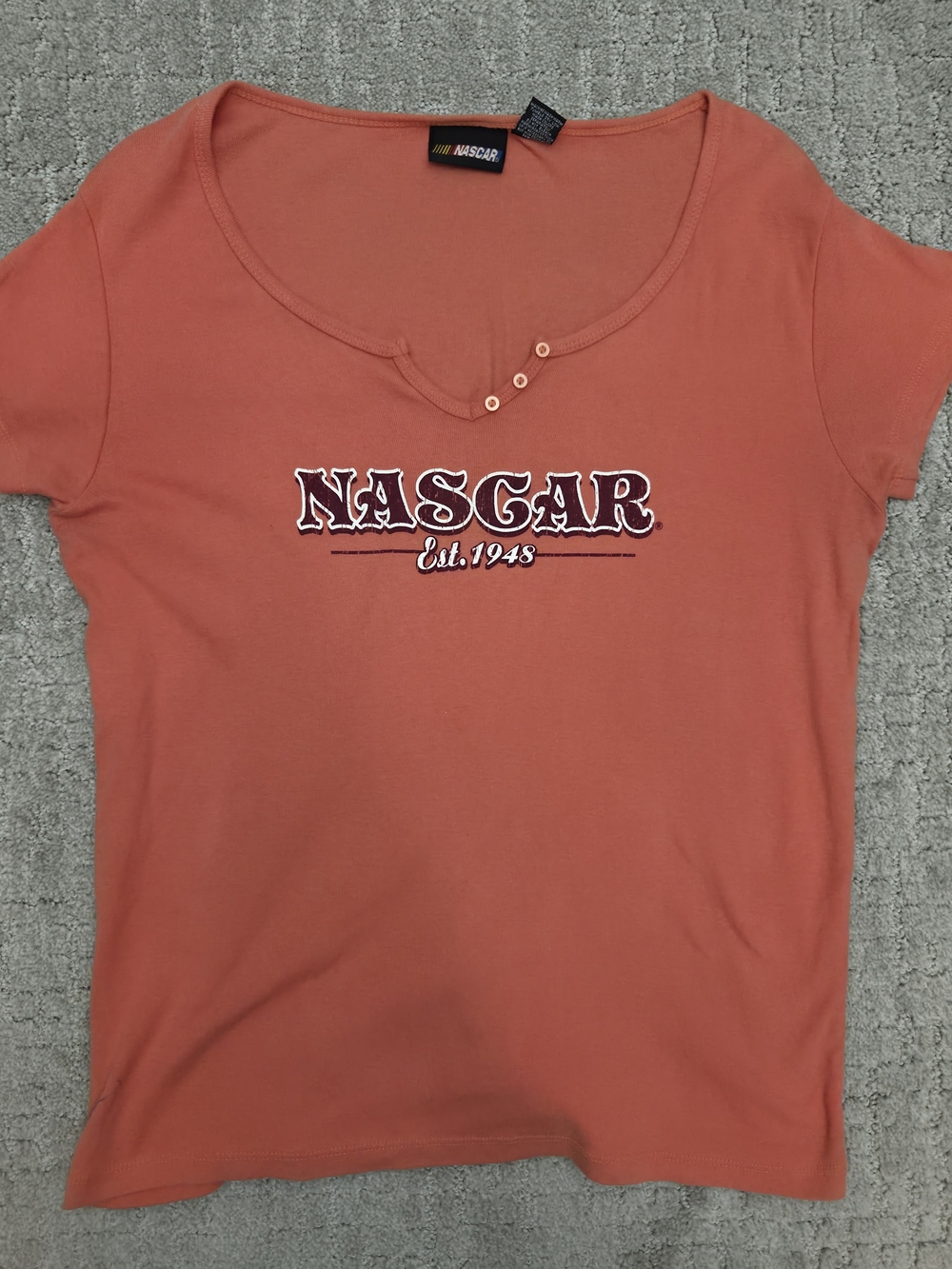 NASCAR Vintage T Shirt Womens Large Coral Orange Scoop Neck Y2K